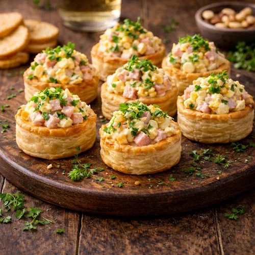 ham salade geserveerd in bladerdeegbakjes, gevuld met ei, ham, kaas en kerriesaus, gegarneerd met peterselie op een rustieke houten borrelplank.