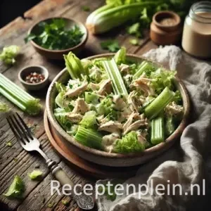 Kipsalade met bleekselderij op rustieke houten tafel