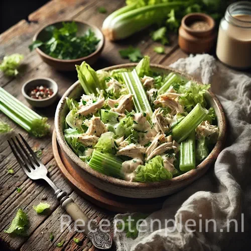 Kipsalade met bleekselderij op rustieke houten tafel