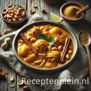 Thaise massaman kipcurry op een rustieke houten tafel