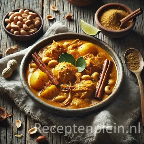 Thaise massaman kipcurry op een rustieke houten tafel