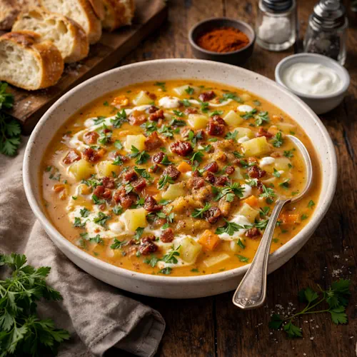 Potage réjane op rustieke houten tafel