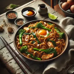 Pad see ew gai Thai stir-fried noodles with chicken on a rustic wooden table