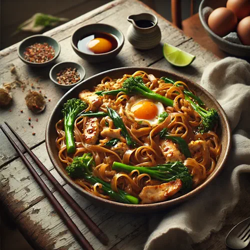 Pad see ew gai Thai stir-fried noodles with chicken on a rustic wooden table
