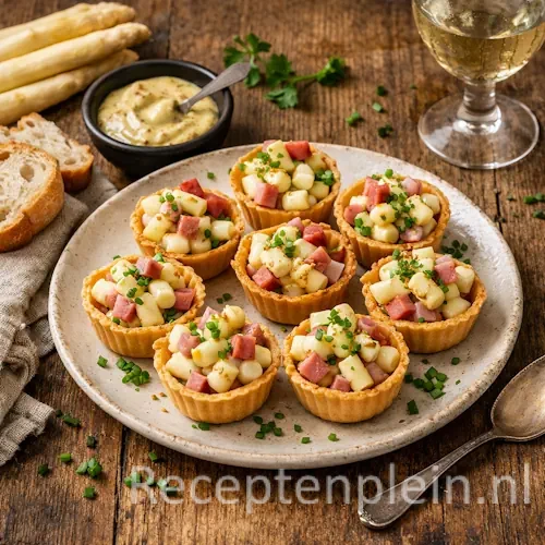 Asperge-hambakjes met mosterdmayonaise op rustieke houten tafel