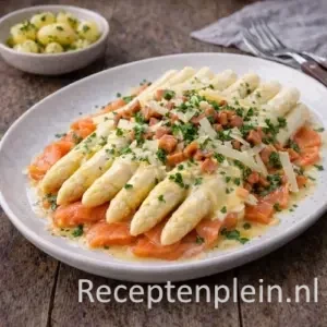Asperges met gerookte zalm op lichte marmeren tafel