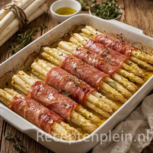 Asperges uit de oven met ham op een rustieke houten tafel.