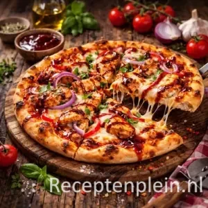 Hyperrealistische foodfoto van BBQ chicken pizza met goudbruine korst, gesmolten mozzarella, gegrilde kip met glanzende barbecuesaus en rode ui op een rustieke houten plank op een houten tafel in warm natuurlijk licht.