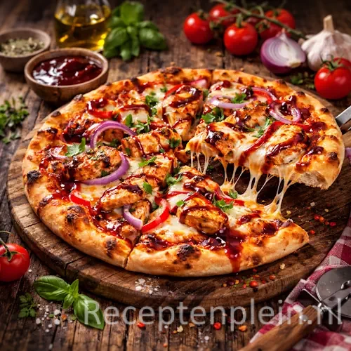 Hyperrealistische foodfoto van BBQ chicken pizza met goudbruine korst, gesmolten mozzarella, gegrilde kip met glanzende barbecuesaus en rode ui op een rustieke houten plank op een houten tafel in warm natuurlijk licht.
