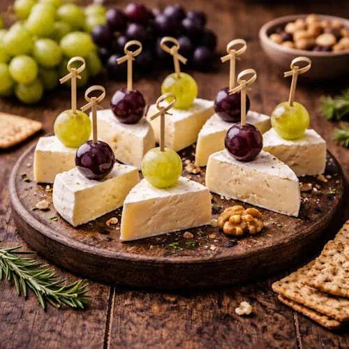 Wedges camembert op een rustiek houten dienblad, elk met een groene of blauwe druif en prikker, omringd door walnoten, crackers en druiven op een houten tafel.