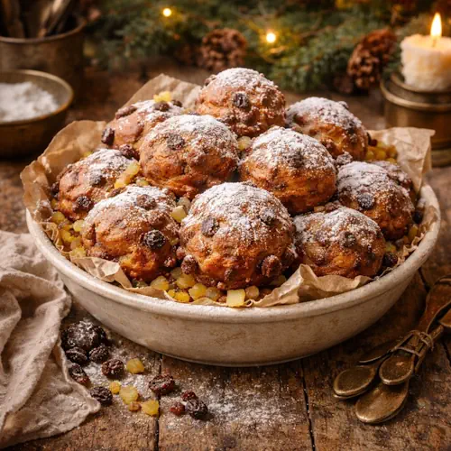 Ambachtelijke oliebollen met appel, krenten, rozijnen en sukade, goudbruin gefrituurd en bestrooid met poedersuiker, geserveerd op een rustieke houten tafel tijdens Oud & Nieuw
