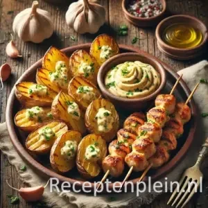 Gepofte aardappels met knoflooktopping en gegrilde kipspiesjes op rustieke houten tafel