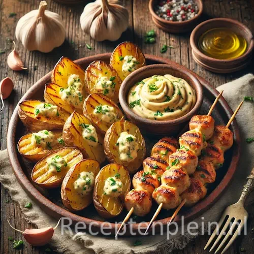 Gepofte aardappels met knoflooktopping en gegrilde kipspiesjes op rustieke houten tafel