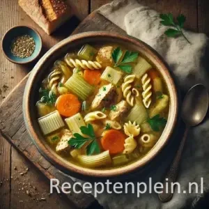Groente-kippensoep met pasta op rustieke houten tafel