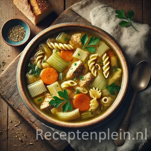 Groente-kippensoep met pasta op rustieke houten tafel