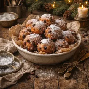 Oliebollen volgens oma’s recept, goudbruin gefrituurd en bestrooid met poedersuiker, geserveerd in een schaal op een rustieke oude houten tafel