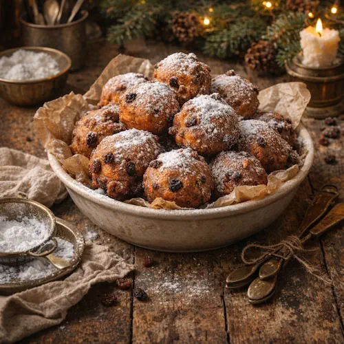 Oliebollen volgens oma’s recept, goudbruin gefrituurd en bestrooid met poedersuiker, geserveerd in een schaal op een rustieke oude houten tafel