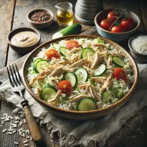 Rice and chicken salad on a rustic wooden table
