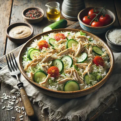Rice and chicken salad on a rustic wooden table