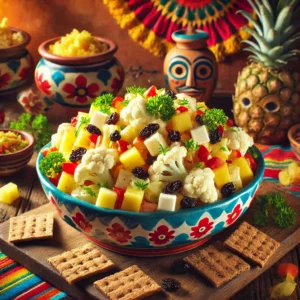 Een levendige, Mexicaans geïnspireerde presentatie van 'Salade Ankara'. Een kleurrijke keramische schaal gevuld met bloemkoolroosjes, blokjes belegen kaas, stukjes ananas, rozijnen en een romige sour cream-dressing. De salade is gegarneerd met fijngesneden peterselie, bieslook en reepjes rode paprika. Naast de schaal liggen artistiek gerangschikte stukken knäckebröd op een rustieke houten tafel, met een warme, feestelijke Mexicaanse achtergrond vol kleurrijke patronen en decoratieve elementen.