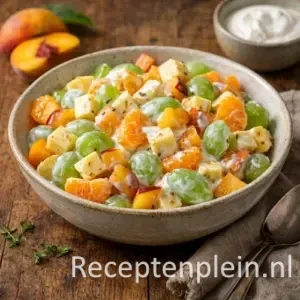 Vruchtensalade met kaas op een rustieke houten tafel.