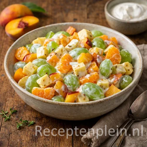 Vruchtensalade met kaas op een rustieke houten tafel.