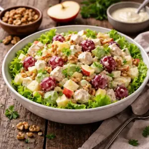 Waldorfsalade op rustieke houten tafel