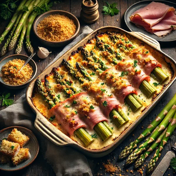 Een rustieke foodfoto van witte asperges omwikkeld met ham en bedekt met een krokante kruidenkorst, geserveerd in een ovenschaal op een houten tafel, met verse asperges, peterselie en broodkruimels eromheen.