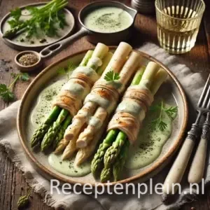 Hyper-realistische foodfoto van witte asperges omwikkeld met dunne plakjes kipfilet, geserveerd op een rustiek keramisch bord op een houten tafel. De aspergebundels zijn licht goudbruin aangebakken en overgoten met een romige lichtgroene kervelsaus, afgewerkt met verse kervel en zwarte peper. Op de achtergrond staan een pannetje met extra saus, een linnen servet, bestek en een glas witte wijn, warm natuurlijk belicht in een elegante maar rustieke setting.