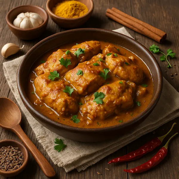 Traditionele Indonesische Ayam Besengek met kip in een kruidige kokos-ketjapsaus, gegarneerd met koriander en geserveerd op een rustieke houten tafel met specerijen eromheen.