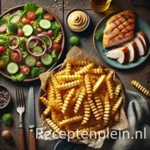 Hyper-realistische foodfoto van bourgondische golfjes (dik gesneden ribbelfriet) in een donkere keramische kom met bakpapier, geserveerd op een rustieke houten tafel. Daarnaast een kleurrijke gemengde salade met sla, cherrytomaten, komkommer en rode ui, en een gegrilde kipfilet met duidelijke grillstrepen in plakken gesneden. Op tafel staan een schaaltje mayonaise, bestek en een linnen servet, warm natuurlijk belicht in een stevige maar frisse maaltijdsetting.