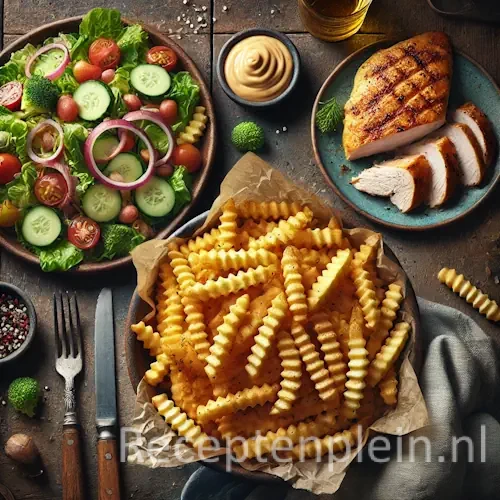 Hyper-realistische foodfoto van bourgondische golfjes (dik gesneden ribbelfriet) in een donkere keramische kom met bakpapier, geserveerd op een rustieke houten tafel. Daarnaast een kleurrijke gemengde salade met sla, cherrytomaten, komkommer en rode ui, en een gegrilde kipfilet met duidelijke grillstrepen in plakken gesneden. Op tafel staan een schaaltje mayonaise, bestek en een linnen servet, warm natuurlijk belicht in een stevige maar frisse maaltijdsetting.