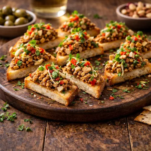 Borrelhapjes van crostini met gebakken Quorn, taugé, grofgehakte amandelen, tuinkers en rode paprika op een rustieke houten serveerplank.