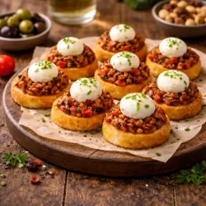 Borrelhapje met krokante crostini van witbrood, belegd met gebakken Quorn, zongedroogde tomaatjes en gesmolten mozzarella, geserveerd op een rustieke houten tafel in gezellige borrelsfeer.