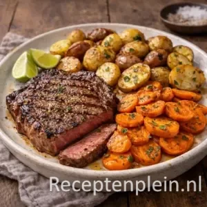 Entrecôte met ovenkrieltjes en geroosterde wortel op een rustieke houten tafel.