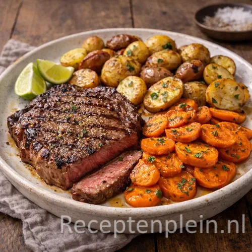 Entrecôte met ovenkrieltjes en geroosterde wortel op een rustieke houten tafel.