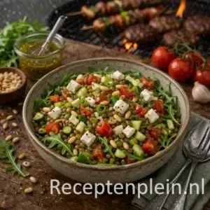 Frisse linzensalade met feta en groenten voor de barbecue op een rustieke houten tafel.