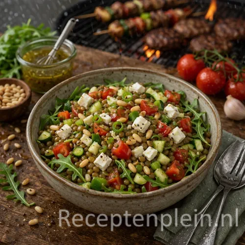 Frisse linzensalade met feta en groenten voor de barbecue op een rustieke houten tafel.