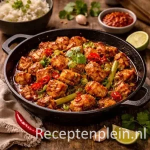 Java a go go pittige Indonesische kip op rustieke houten tafel