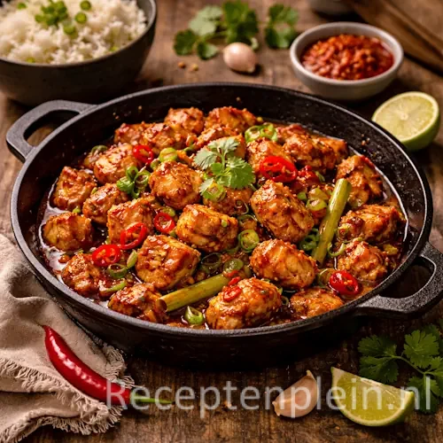Java a go go pittige Indonesische kip op rustieke houten tafel