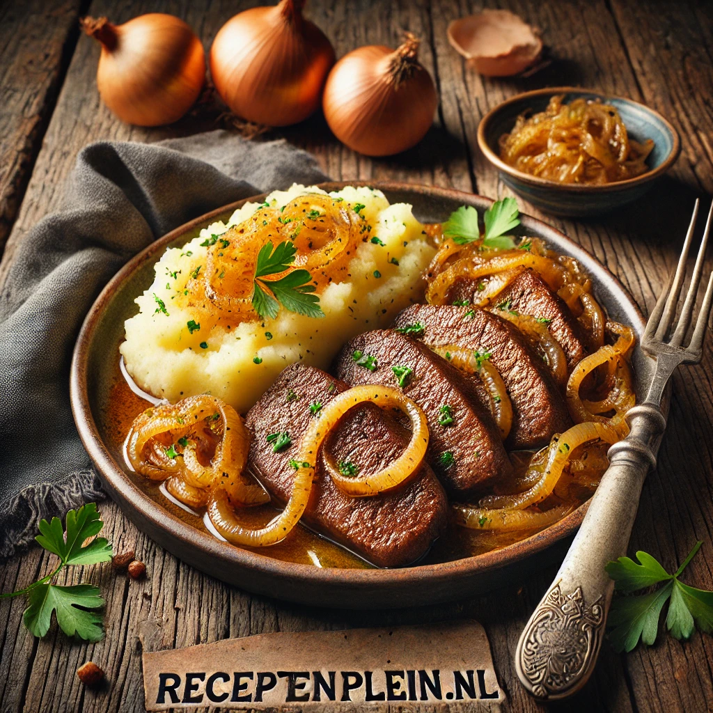 Een rustieke oude houten tafel met een bord gebakken kalfslever, geserveerd met goudbruin gekarameliseerde uien. Ernaast ligt een portie aardappelpuree, gegarneerd met verse peterselie. Een rijke uiensaus is over het geheel gedruppeld.