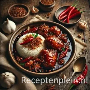 Kip op inheemse wijze gesmoord op rustieke houten tafel