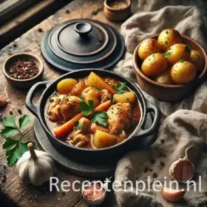 Kipstoof met knoflookaardappeltjes op rustieke houten tafel
