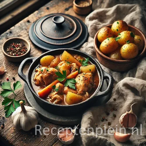 Kipstoof met knoflookaardappeltjes op rustieke houten tafel