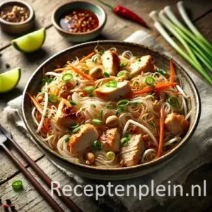 Mihoen met kip op een rustieke houten tafel