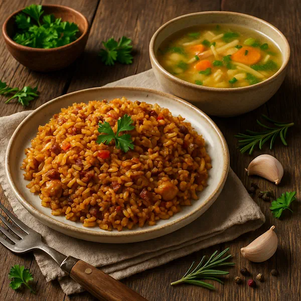 Bord met kruidige nasi keboeli en een kom Hollandse kippensoep met groenten, geserveerd op een rustieke houten tafel met knoflook, kruiden en specerijen eromheen.