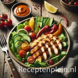 Peri-peri kipsalade op een rustieke houten tafel