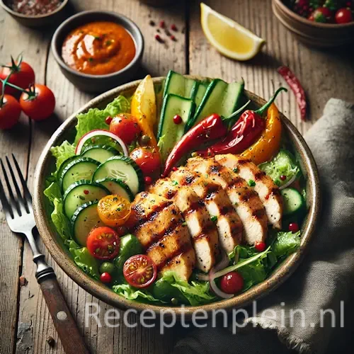 Peri-peri kipsalade op een rustieke houten tafel
