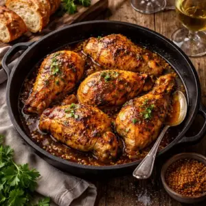 Poulet à la diable op rustieke houten tafel