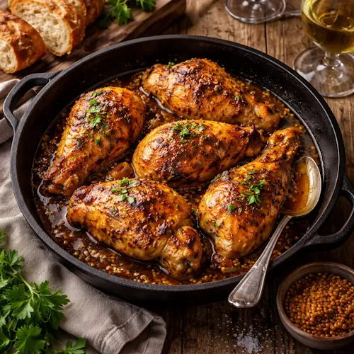 Poulet à la diable op rustieke houten tafel
